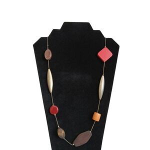 Brown & Red Geometric Wooden Assorted Beads Gold Toned Chain Fashion Necklace